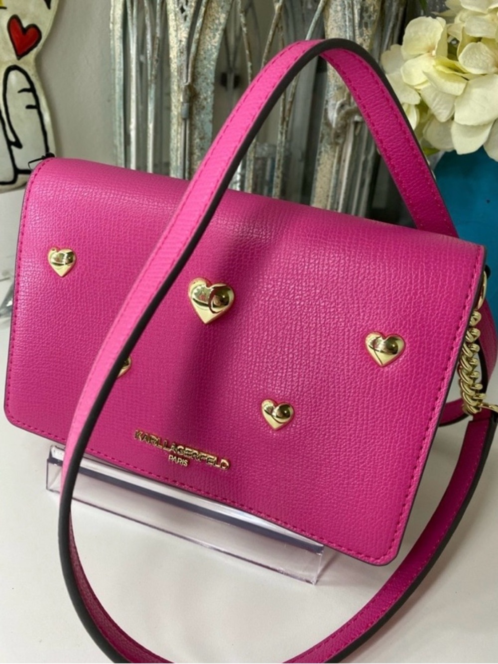 LOW START NWT Karl Lagerfeld Fuchsia Heart Stud Leather Crossbody - Picture 3 of 11